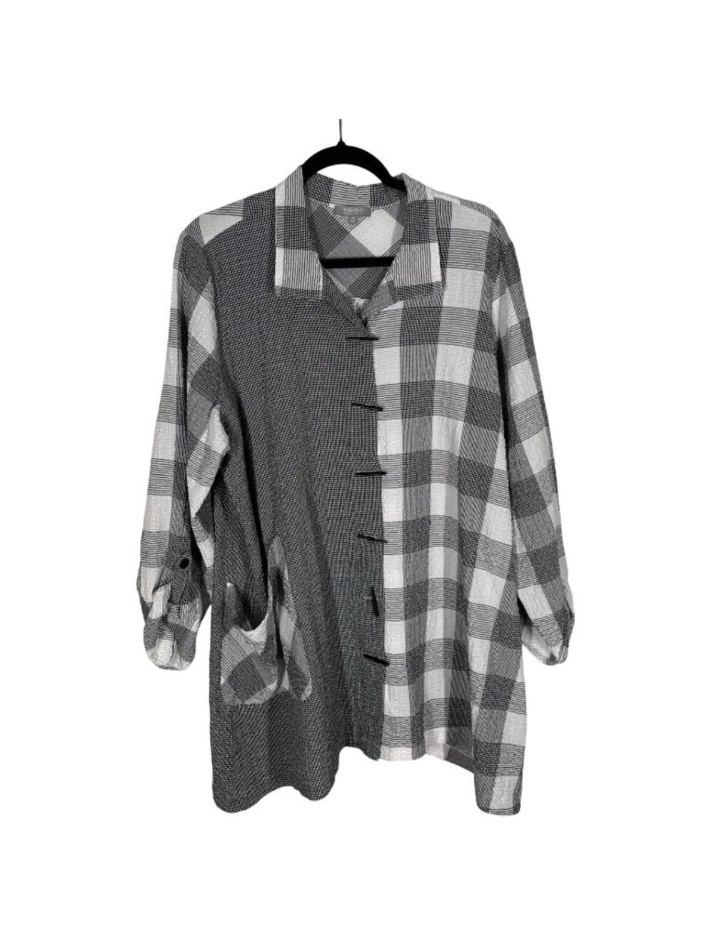 Habitat Women XL Plaid Mixed Print Lagenlook Roll Tab Sleeve Button Front Tunic